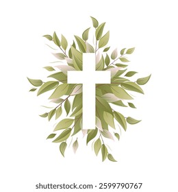 Botanical greenery and cross. Baptism Invitation. Easter Cross. Holy Spirit. Religious. Baptism Christening Invitation. Christian Cross and Foliage	