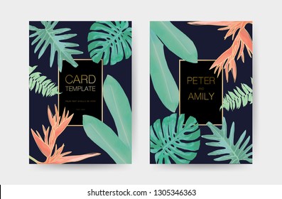 Botanical and Greenery greeting and Wedding invitation cards template.Trendy Tropical Leaves Vector Design in pastel vintage theme. Design for summer and spring season.