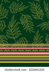 Botanical greenery seamless pattern with repeating border. Random placed, vector leaves with stripped bottom on dark green background.