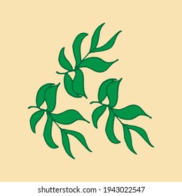 Botanical Greenery Vector: Hand-drawn illustration of fresh green leaves with a green outline on a pastel background. Ideal for creating a serene and botanical atmosphere in your designs.