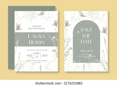 Botanical greenery wedding invitation template set with watercolor meadow herbs and flowers and arch for party, greeting card