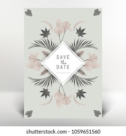 Botanical greeting/invitation card template design, magnolia flowers and leaves, vintage style