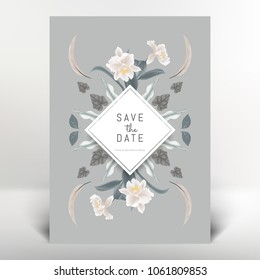 Botanical greeting/invitation card template design, white Cattleya orchid flowers and leaves, vintage style