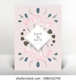 Botanical greeting/invitation card template design, pink calla lily flowers and leaves, vintage style