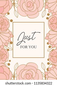 Botanical greeting/invitation card template design, leaves with flowers with hand drawn doodle graphics, pink and golden tones.