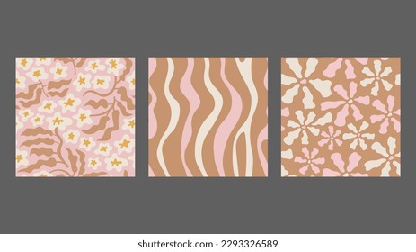Botanical Groovy Seamless Patterns set. Cute wavy pastel colored background collection with curvy flowers, stripes and leaves. Retro design vector illustration