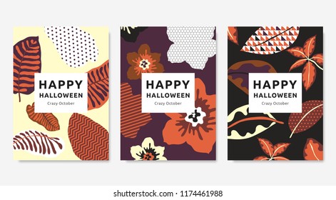 Botanical Halloween greeting card template design, peacock plant, flowers and leaves in light yellow, dark purple and black tones