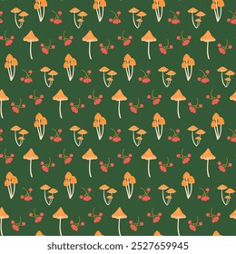 Botanical Halloween seamless pattern with fungus and red berries. Autumn mood illustration. Cute print design for Halloween on dark green background