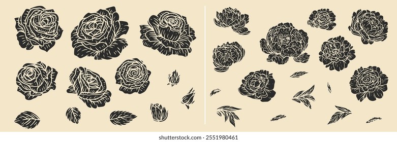 Botanical hand draw set of rose and peony flower elements in flat monochrome style. Collection of outline silhouettes buds and leaves. Vector illustration.
