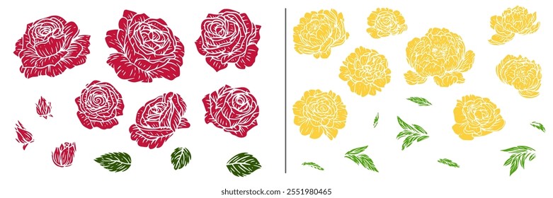 Botanische Handzeichnung Set von Rosen- und Pfingstrosenblumenelementen in flachem, bunten Stil. Sammlung von Umrisssilhouetten Knospen und Blätter. Vektorgrafik.