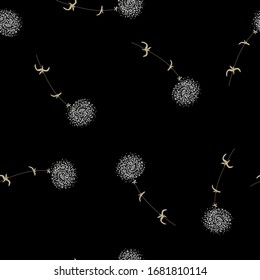 Motif botanique harmonieux de dessin à la main. Branches avec fleurs et feuilles dispersées au hasard. Texture vectorielle abstraite tendance. Impression de mode, tissu, design. Pandelon dessiné à la main sur fond noir