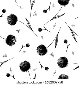 Botanical hand drawing seamless pattern. Branches with flowers and leaves scattered random. Trendy monochrome vector texture. Fashion print, fabric, design. Hand drawn dandelion on white background