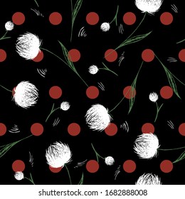 Dibujo manual botánico sin fisuras. Ramas con flores y hojas esparcidas al azar. Textura vectorial abstracta de moda. León dibujado a mano sobre el fondo de puntos de polka negro