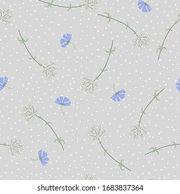Botanical hand drawing seamless pattern. Branches with flowers scattered random. Trendy abstract vector texture. Fashion print, fabric, design. Hand drawn dandelion on grey polka dots background