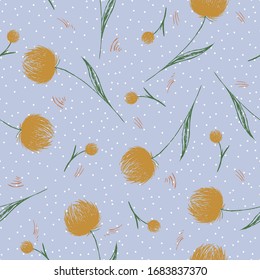 Botanisches Handzeichnen nahtloses Muster. Zweige mit Blumen verstreut zufällig. Trendy abstrakte Vektorillustration Textur. Modedruck, Stoff, Design. handgezeichneter Löwenzahn auf blauem Polkopfhintergrund
