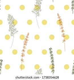 Dibujo manual botánico sin soldadura. Ramas con flores y hojas dispersas al azar. Textura vectorial abstracta de moda. Plantas dibujadas a mano sobre el fondo de los puntos de polka blanco
