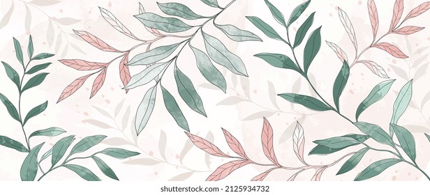 Botanical Hand Drawn Background. Leaf Line Art Watercolor Wallpaper With Green, Pink Leaves And Branches. Warm Tone Design For Banner, Prints, Wall Art, Fabric And Home Decor.