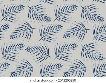 Botanical hand drawn blue palm leaf on beige background. Abstract geometric leaf texture pattern.