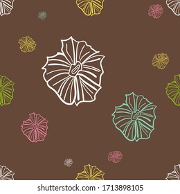 Vector de colores vivos dibujado a mano sin fisuras. Flores amarillas, violetas y verdes sobre el dibujo de fondo de color marrón. Papel tapiz, papel de envoltura, toalla, tela