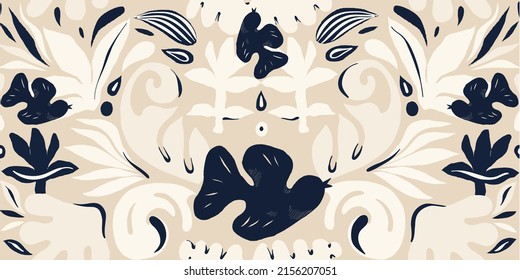 Botanical hand drawn ethno style ornament pattern with birds. Abstract trendy monochrome print. Fashionable vector template for your design. 