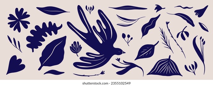Botanical hand drawn ethno style ornament with birds. Abstract trendy monochrome print. Fashionable vector template for your design.
