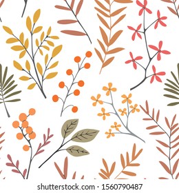 Botanical hand drawn floral pattern, foliage and leaves vector seamless pattern