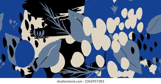 Botanical hand drawn floral pattern with birds and lemon. Abstract trendy print. Fashionable vector template for your design.
