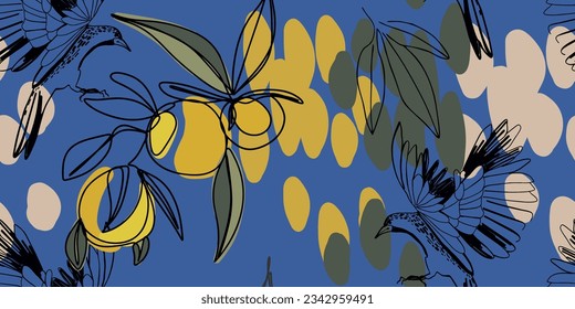 Botanical hand drawn floral pattern with birds and lemon. Abstract trendy print. Fashionable vector template for your design.
