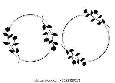 Botanical Hand drawn Line Art Circle Border Wedding Frame Collection.Vector Illustration