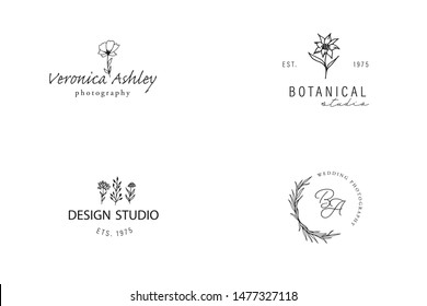 Botanical Hand Drawn Logo, Badge and Emblem. Wild Flowers. Modern Rustic Logo for spa, beauty salon, boutique, organic shop, wedding, floral designer, farmhouse, photographer. Floral natural element