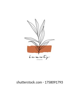 Botanical hand drawn minimal logo. Graphic tree branch in vector. Minimalistic branch with leaves template for your logo. beauty salon, wedding, spa or yoga studio, organic cosmetics logo, badges