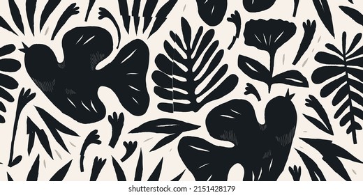 Botanical hand drawn mixed ethno style ornament pattern with birds. Abstract trendy monochrome print. Fashionable vector template for your design. 