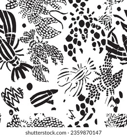 Botanical hand drawn mixed ethno style ornament pattern with animals. Abstract trendy monochrome print. Fashionable vector template for your design. Black and white design. 