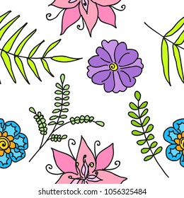Botanical hand drawn pattern. Herbal illustration. Spring leaves. Spring plants. Leaves pattern. Vector hand drawn leaves pattern.