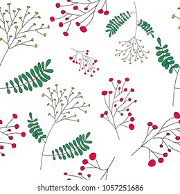 Botanical hand drawn pattern. Herbal illustration. Spring leaves. Spring plants. Leaves pattern. Vector hand drawn herbs pattern.