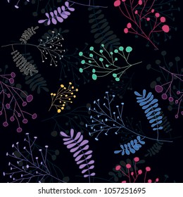 Botanical hand drawn pattern. Herbal illustration. Spring leaves. Spring plants. Leaves pattern. Vector hand drawn herbs pattern.