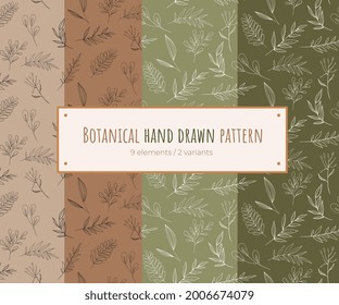 Botanical hand drawn pattern, leaves line art, fabric elements set