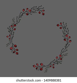 Botanical hand drawn round frame. Berry, twig, leaf.