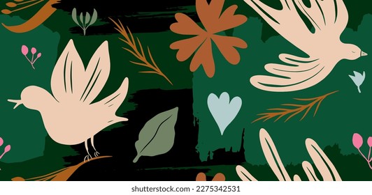 Botanisches, handgezeichnetes Muster mit Vögeln. Abstrakter, trendiger monochromer Druck. 