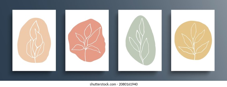 Conjunto botánico dibujado a mano. Dibujo de líneas de follaje boho con formas abstractas de color. Resumen de fondos florales para su diseño gráfico creativo. Ilustración vectorial.