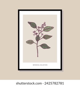 Ilustración botánica dibujada a mano en una plantilla de marco de póster. Arte para postal, arte de la pared, banner, fondo.