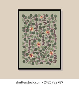 Botanical hand drawn vector illustration in a poster frame template. Art for postcard, wall art, banner, background.