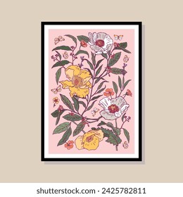 Botanical hand drawn vector illustration in a poster frame template. Art for postcard, wall art, banner, background.
