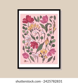 Botanical hand drawn vector illustration in a poster frame template. Art for postcard, wall art, banner, background.