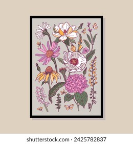 Botanical hand drawn vector illustration in a poster frame template. Art for postcard, wall art, banner, background.