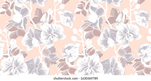 Botanical hand drawn vector seamless pattern with gentle tropical flowets of orchids branch in pastel morning halftons, can be used for wallpaper, pattern fills, surface textures, bedding, fabric,