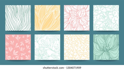 Botanical hand drawn vector textures, floral ornament, herbal pattern, plant ornamentation. Modern multipurpose template set for wedding invitation, business flyer, art poster, business card, banner.