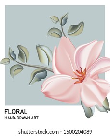 Botanical hand-drawn card with rose and eucalyptus  template design, pink soft flowers on blue background, minimalist vintage style.