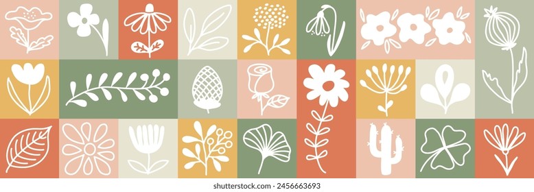 Botanical hand-drawn doodles. Isolated vector illustrations in a naive simple retro style. Background for banner, poster, postcard, packaging. Plant elements for decoration and design.