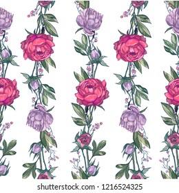 Botanical Hand-drawn illustration Rose Peony seamless backgraund. isolated objects. Botanical drawings, color art illustration, white background, Vector pattern